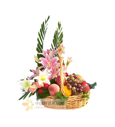 礼篮\/水果花篮F:4枝粉色剑兰，2枝多头粉色香水百合，4枝红色康乃馨， -中国鲜花礼品网